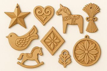 Collection of wooden ornaments including a star, heart, horse, bird and other shapes on white background