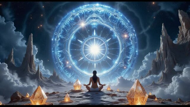 Person meditating in the cave surrounded by sacred  shining blue portal with symbols and glowing crystals, fantasy cosmic landscape from another world