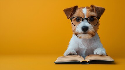Studious dog with glasses reading book on orange background