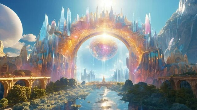 Drone view to the city of Light made of crystals and gold, during sunset, fantasy scene of other world	