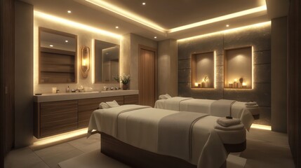 Massage therapist giving a relaxing spa massage in a softly lit, calming treatment room