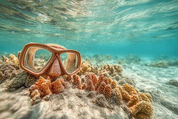 Snorkel mask on sandy beach