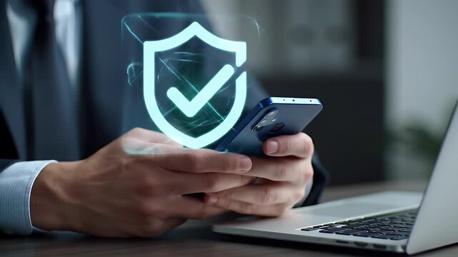 Man Holds Phone with Security Shield Hologram Over Laptop in Office Setting Represents Data Protection Digital Safety Technology Future Innovation