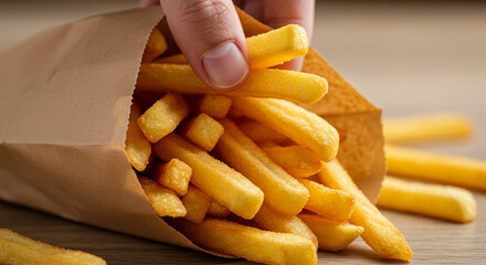 Hand reaching into a paper bag of French fries