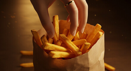Hand reaching into a paper bag of French fries