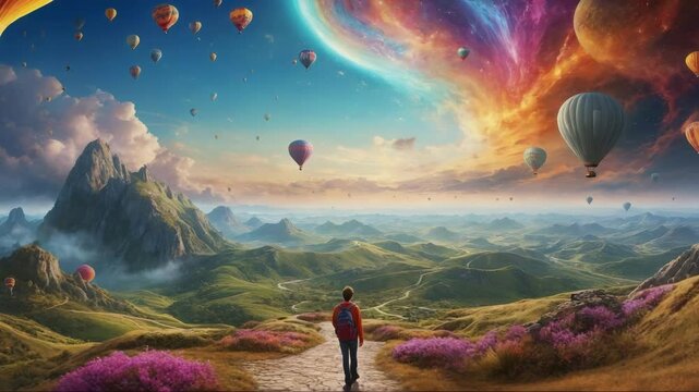 Man walking on the road surrounded by amazing landscape with many big colorful air balloons flying in the sky with surreal clouds, fantasy background 