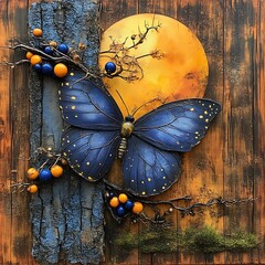 Detailed artwork of a butterfly against a rustic wooden background.