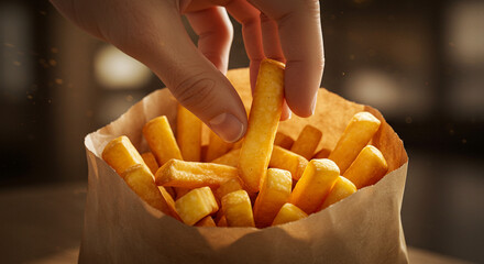 Hand reaching into a paper bag of French fries