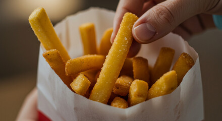 Hand reaching into a paper bag of French fries