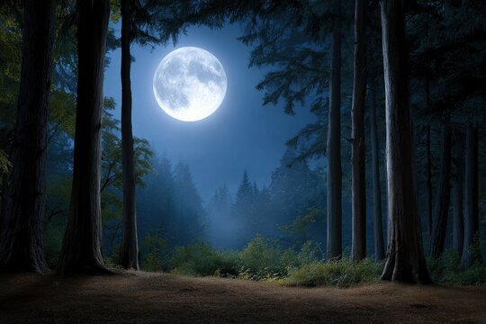 A full moon shines above a dense forest at night illuminating the tree trunks and ground