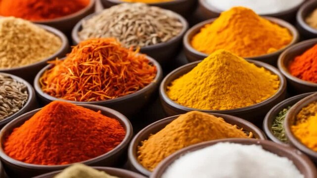 Vibrant Spice Collection: Aromatic Powders & Seeds in Bowls - Culinary Delights