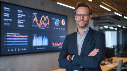 A confident business executive standing in front of a digital KPI dashboard interpreting realtime BI metrics and analytics for effective performance monitoring and team accountability