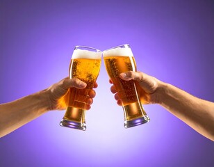 Two mugs of beer cheering in the air with lots of foam on a purple background