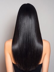 Woman's smooth black hair, studio shot, salon. Possible use hair care