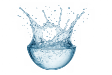 Water splashing vigorously from glass bowl, transparent backdrop highlighting fluid dynamic movement against clean surface
