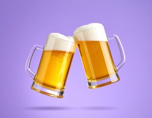 Two mugs of beer cheering in the air with lots of foam isolated on a purple background
