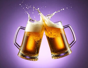 Two mugs of beer cheering in the air with lots of foam isolated on a purple background
