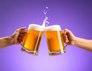 Two mugs of light beer cheering in the air with lots of foam on a purple background