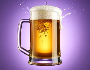 mug of light beer with lots of foam coming out of the glass on a purple background