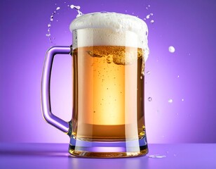 mug of light beer with lots of foam coming out of the glass on a purple background