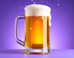 mug of light beer with lots of foam coming out of the glass on a purple background