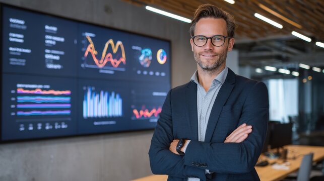 A confident business executive standing in front of a digital KPI dashboard interpreting realtime BI metrics and analytics for effective performance monitoring and team accountability