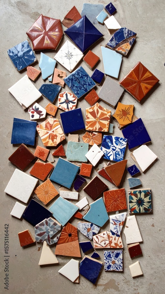 Aufkleber assorted colorful encaustic tile fragments scattered on a concrete surface rustic texture