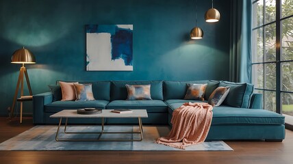 Plush teal sectional sofa with accent pillows and throw