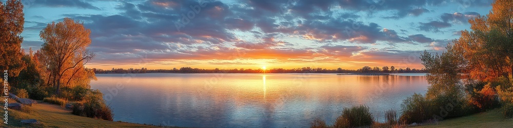 Poster panoramic view of a serene lake at sunset with vibrant autumn trees on either side and a colorful sk