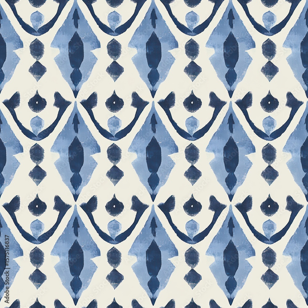 Poster abstract repeating blue watercolor pattern with diamond and teardrop shapes on off-white background 