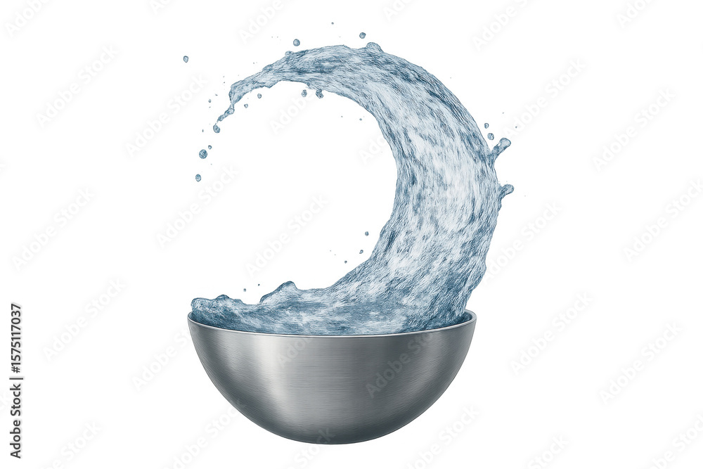 Poster fresh, clean water dynamically splashing from a metal bowl, creating a visually appealing arc agains