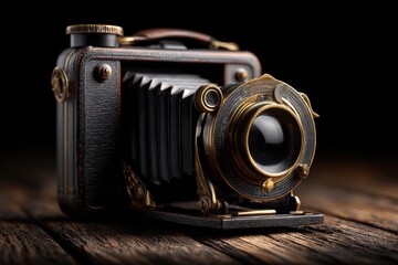 Antique folding camera on a wooden surface.