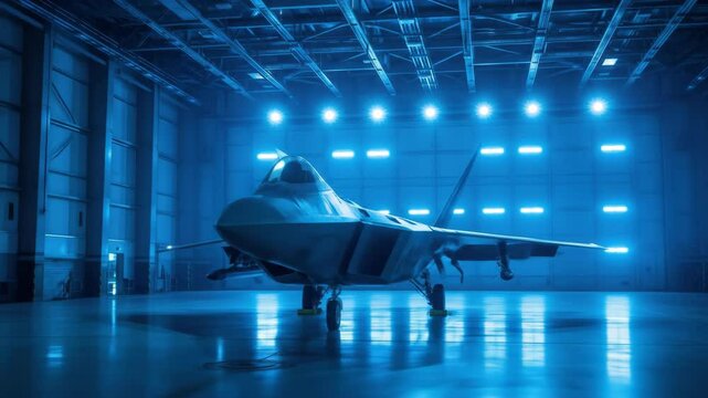 Futuristic Airplane Parked Inside Hangar under Blue Light Showcasing Modern Design and Engineering and Sleek Metal Walls and Glossy Floor Enhancing Aircraft