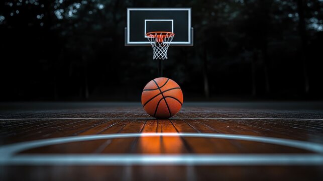 Orange basketball resting on a polished wooden court facing a basketball hoop surrounded by dark forest background under moody lighting
