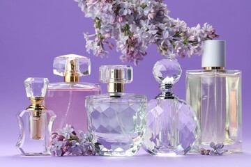 Bottles with perfumes and lilac flowers on purple gradient background, closeup