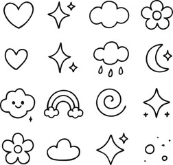 Cute Hand Drawn Doodle Weather and Love Icons Set