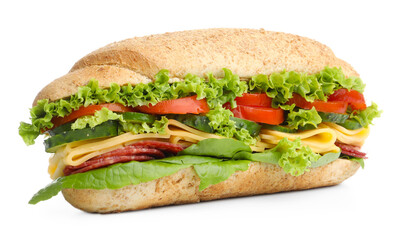 Tasty baguette sandwich with smoked sausage, cheese and vegetables isolated on white