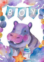 Watercolor baby boy nursery illustration. Hand-painted cute jungle hippopotamus