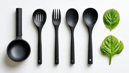 Black kitchen utensils, fresh greens, white background.  A sleek, minimalist style