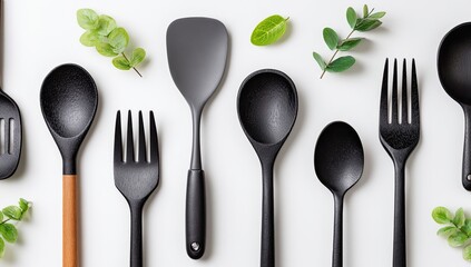 Kitchen Utensils Arranged, White Background, Fresh Herbs, Cooking