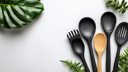 Kitchen utensils, tropical foliage, white background, food prep