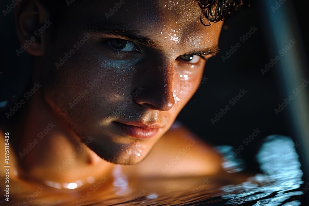 Aufkleber close-up of a person with curly hair partially submerged in water with soft lighting creating a calm