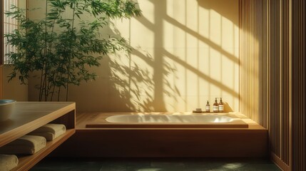 Minimalist Japanese bedroom with tatami floor, futon, soft lighting, and serene decor.