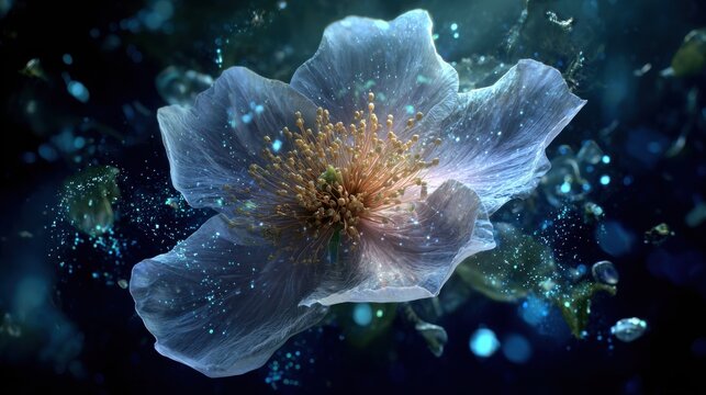 A close up of a translucent flower with glowing particles on a dark blue and green background - Powered by Adobe