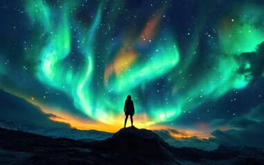 Fototapeta premium Silhouette of a person standing on a rock under a vibrant green and blue aurora borealis with starry night sky and distant mountains at sunset