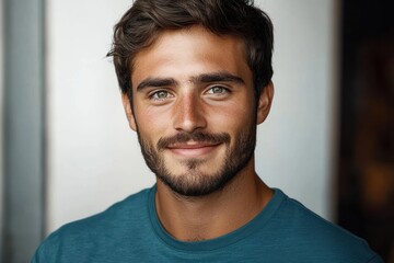 Fototapeta premium Close-up portrait of a young man with short brown hair, green eyes, a beard, and a gentle smile wearing a teal shirt against a blurred background