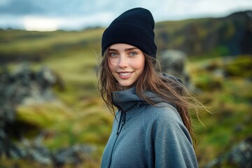 Young woman wearing black beanie and gray jacket smiling outdoors with a blurred natural landscape background