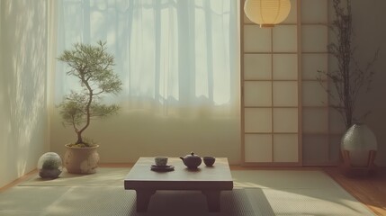 Minimalist Japanese bedroom with tatami floor, futon, soft lighting, and serene decor.