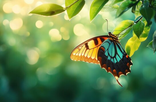 close-up of a colorful butterfly perched on green leaves with a soft-focused green and yellow bokeh background, evoking a peaceful and natural atmosphere