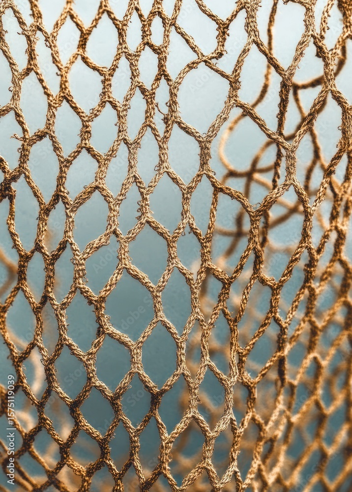 Poster close-up of a textured net with irregular diamond-shaped openings made of twisted brown rope against